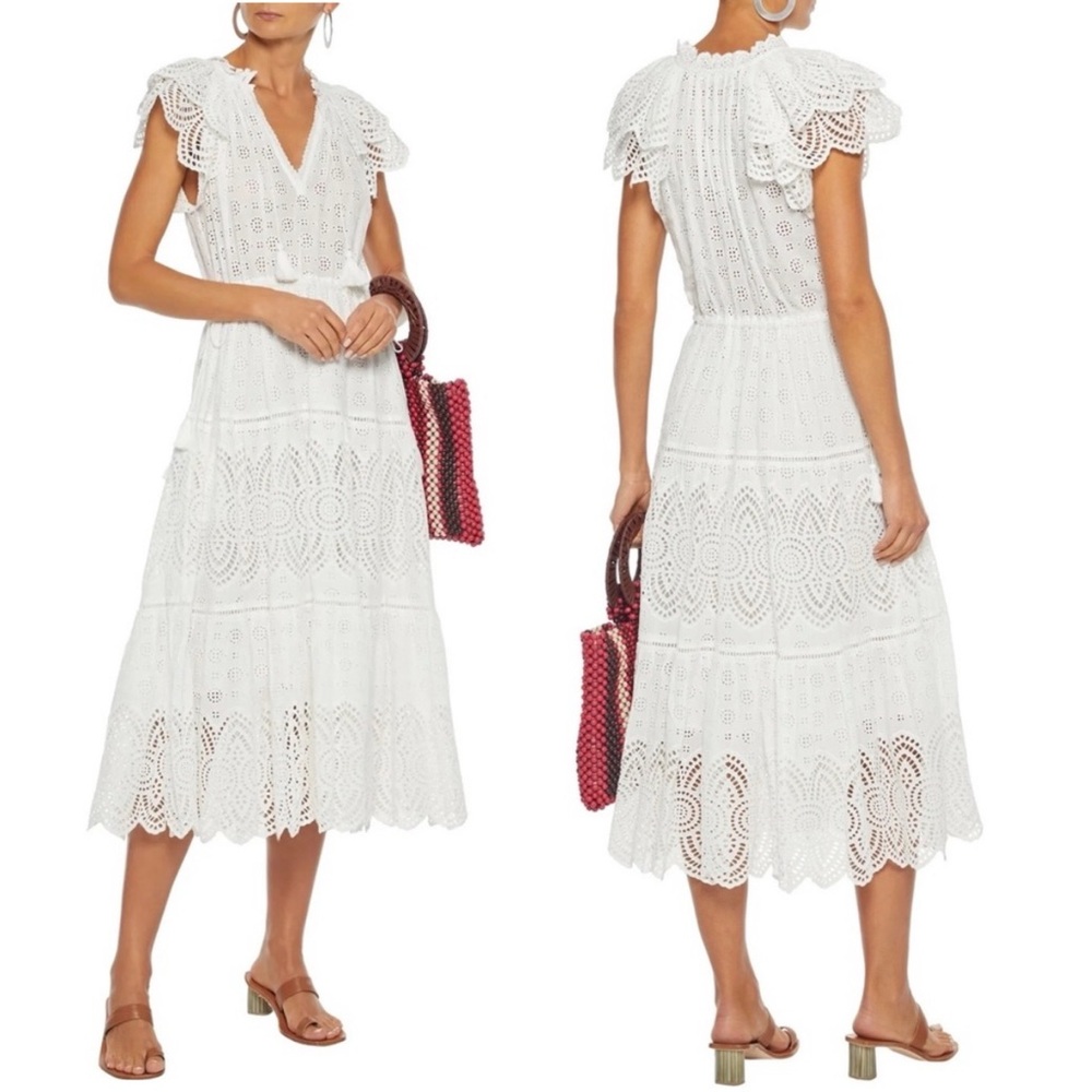 Ulla Johnson Gianna White Eyelet Midi Dress Size 0 XS Tiered Tasseled Boho Bride - Picture 2 of 16